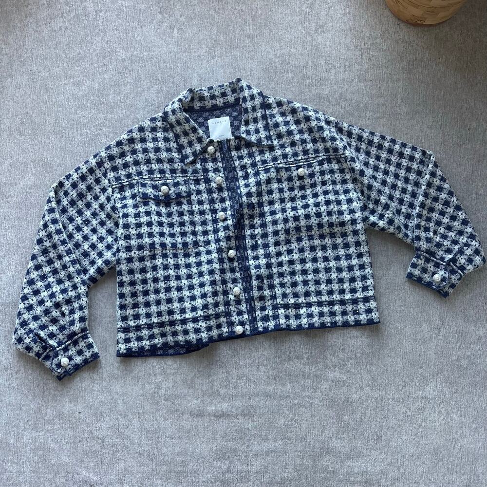 Sandro Blue White Checkered Tweed Jacket with Pearl Buttons